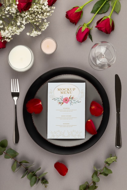 PSD top view over wedding menu mockup