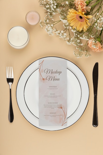 PSD top view over wedding menu mockup