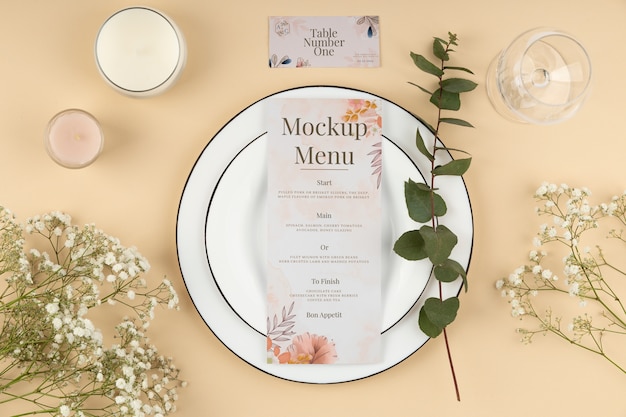 Top view over wedding menu mockup