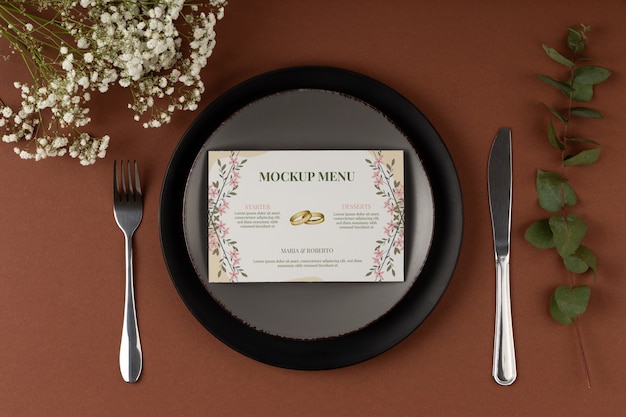 PSD top view over wedding menu mockup