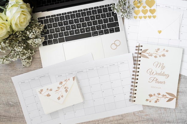 PSD vista dall'alto wedding planner con mock-up