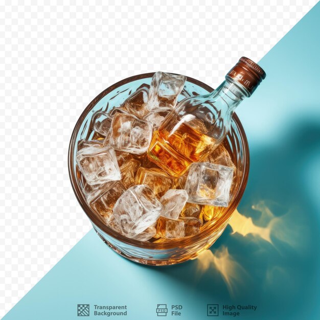 PSD top view of whiskey bottle in ice bucket on transparent background with clipping path