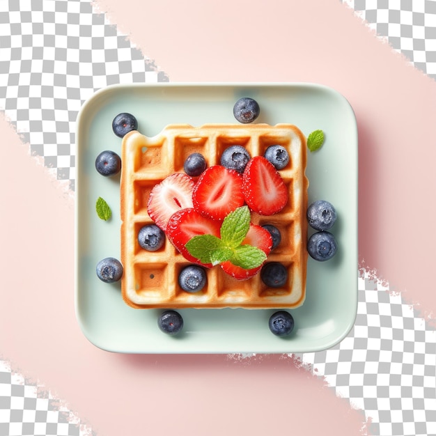 PSD top view of a white plate with waffles topped with strawberries and blueberries
