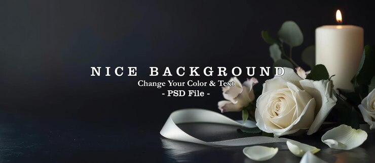 PSD top view white rose and candle with photo frame and ribbon on dark background generated ai