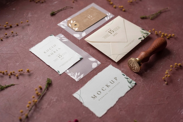 top view on wildflower wedding invitation