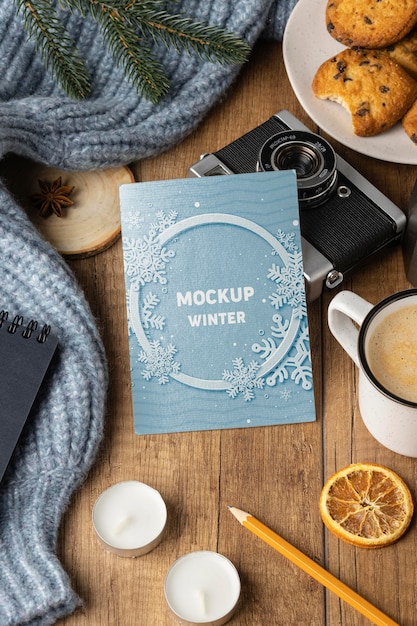 PSD top view winter hygge arrangement with card mock-up