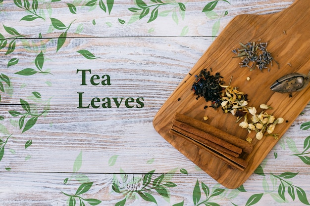 top view wooden board with herbs and spices