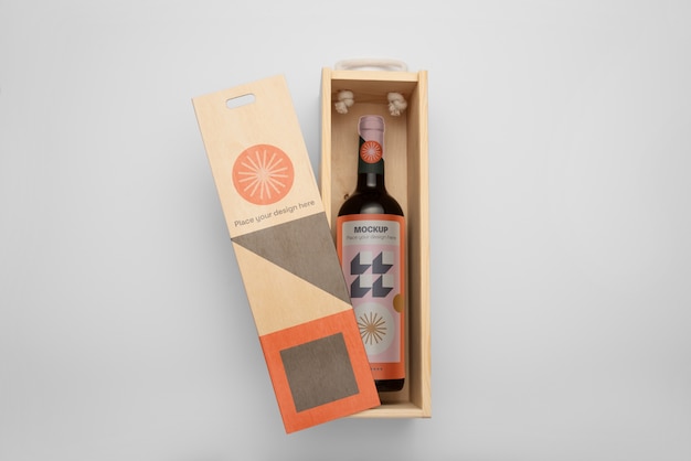 PSD top view wooden box and wine bottle
