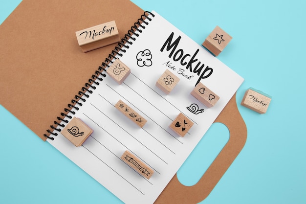 Top view wooden stamps arrangement