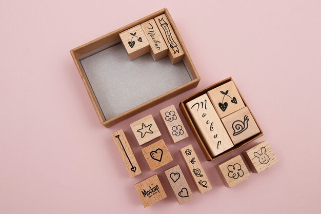 Top view wooden stamps arrangement