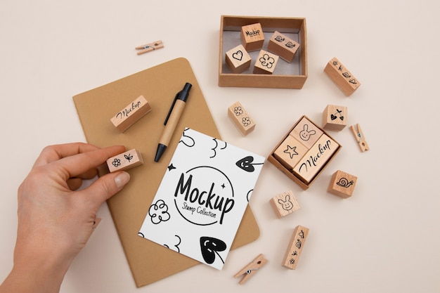 Top view wooden stamps arrangement