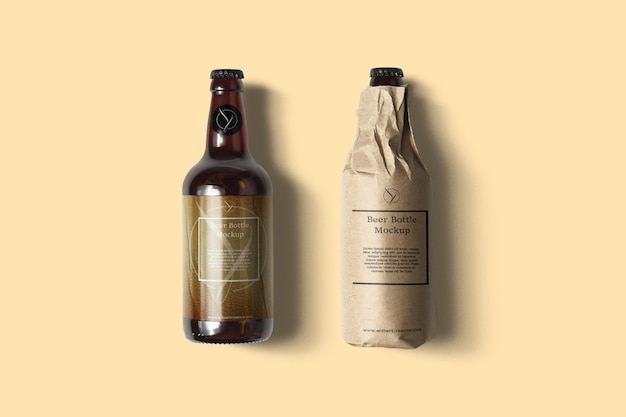 PSD top view wrapping paper beer bottle and beer with label mockup