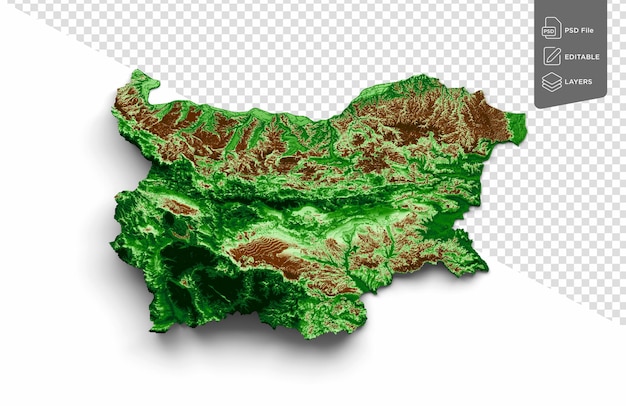 PSD topografische kaart van bulgarije 3d realistische kaart kleur op witte achtergrond 3d illustratie