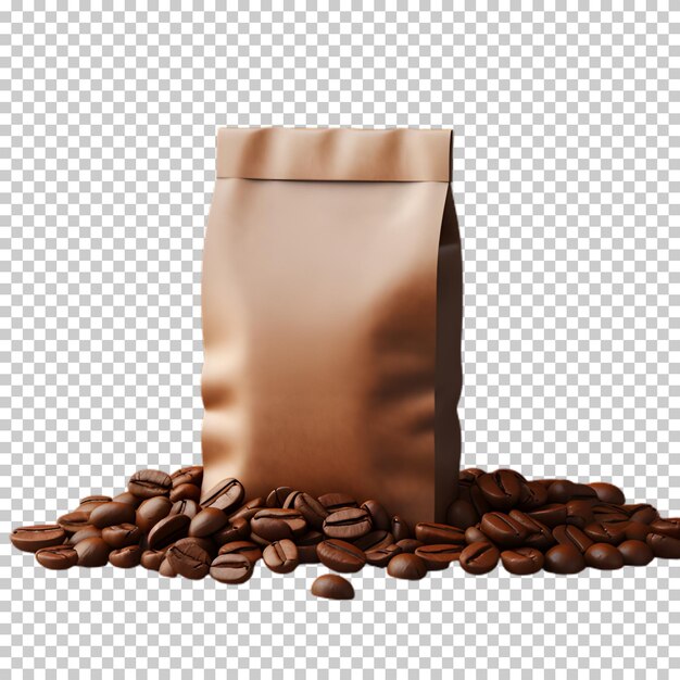 PSD torba do kawy z ziarnami kawy izolowanymi na przezroczystym tle