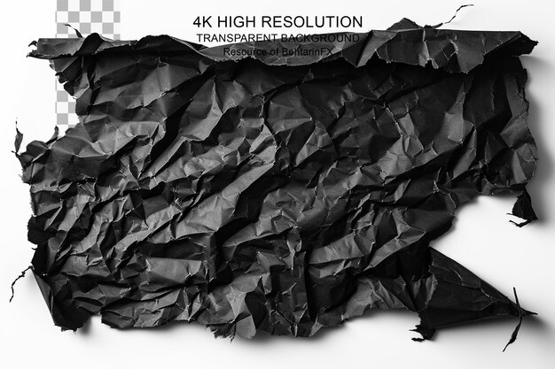 Torn crumpled black paper background on transparent background