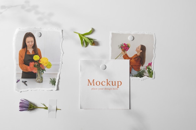 PSD mockup di cornice per foto strappata con fiori