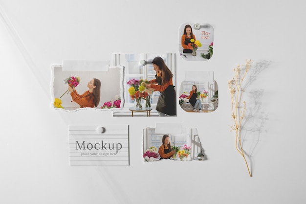 Torn photo frame mockup with flowers