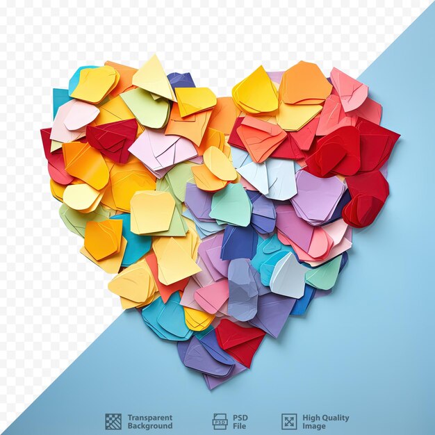 Torn pieces of colorful paper in heart shape isolated on transparent background