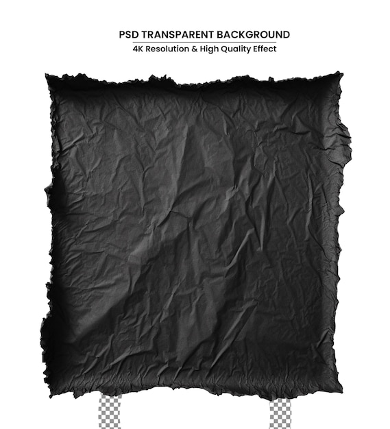 PSD torn sheet of black crumpled paper on a white background