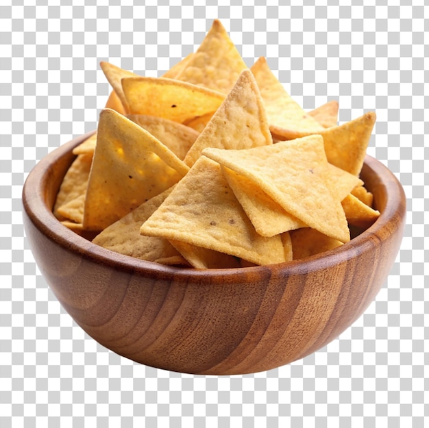 PSD tortilla chips in wooden bowl isolated on transparent background