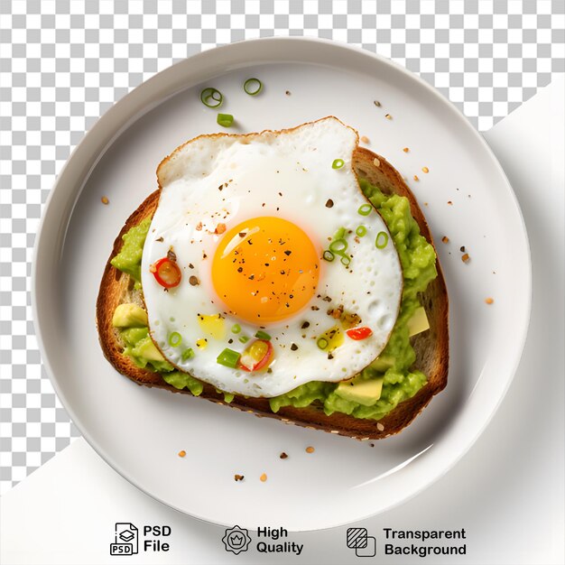 PSD tost z awokado z jajem na talerzu izolowany na przezroczystym tle zawiera plik png