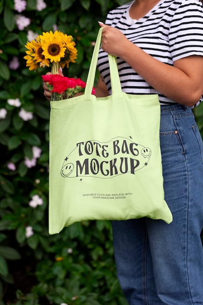 PSD tote bag mockup in nature