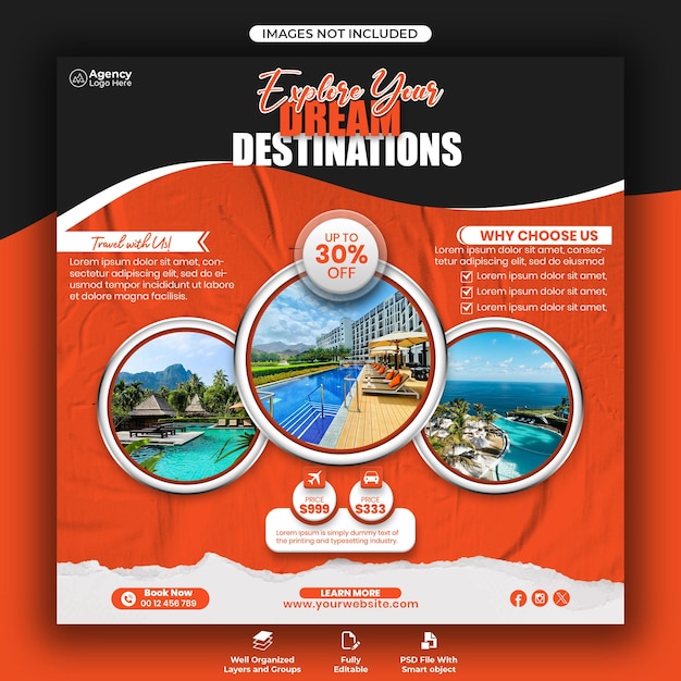 PSD tour and travel instagram post or social media post web banner template