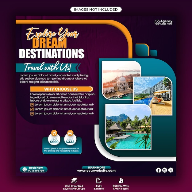 PSD tour and travel instagram post or social media post and web banner template