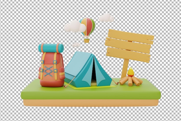 PSD Туристическая палатка для кемпинга и костер с рюкзаком и деревянной вывескойконцепция летнего лагеря3d рендеринг