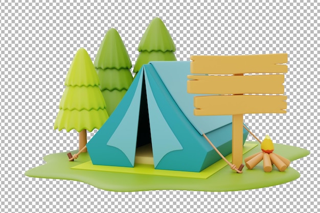 Tourist camping tent and campfire with wooden signpost on camping placesummer camp concept3d renderingxA