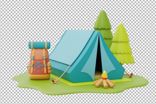 Туристическая палатка для кемпинга и костер с рюкзаком на месте для кемпингаконцепция летнего лагеря3d рендеринг