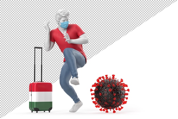 PSD tourist travelling to hungary scared by the virus molecule. pandemic concept. 3d illustration