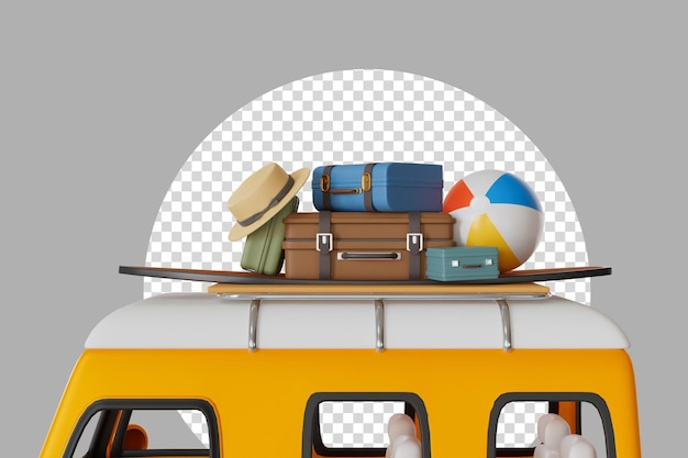 PSD 荷物のビーチボールとサーフボードの3dレンダリングのイラストと観光バン