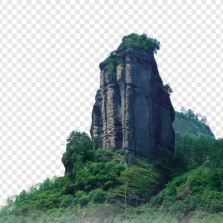 PSD towering rock formation amidst lush greenery