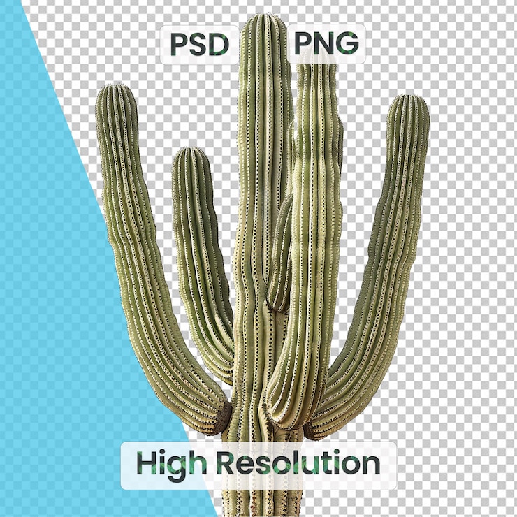 PSD towering saguaro cactus with iconic ribbed structure on transparent background