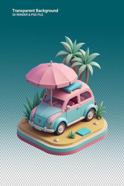 PSD a toy car with a beach umbrella on top of it