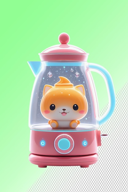 A toy cat sits in a pink toy kitchen