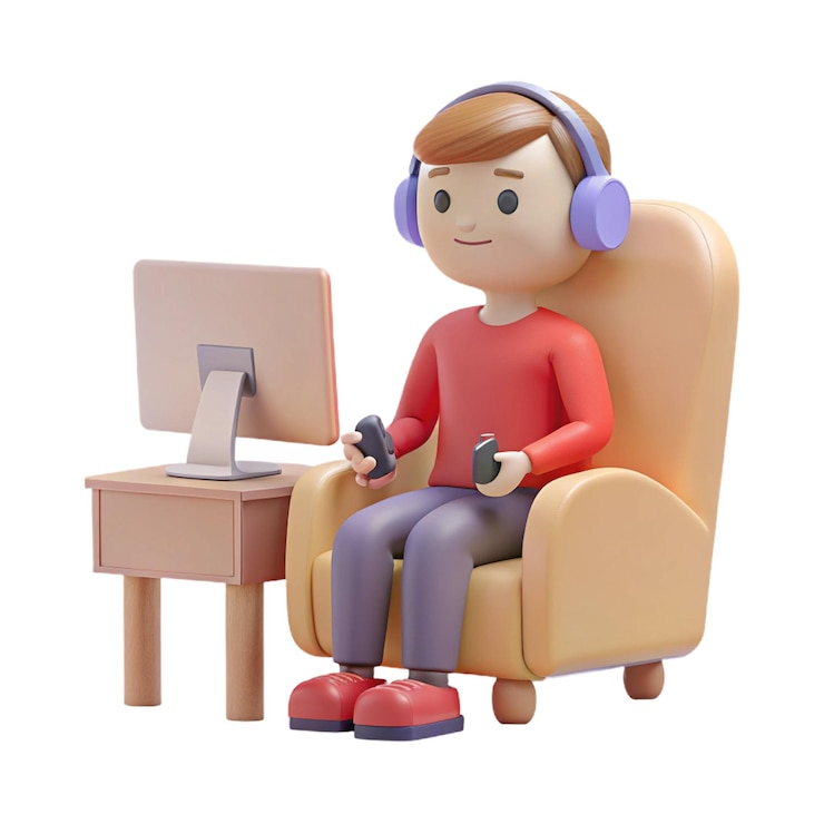 PSD a toy figure with headphones on and a laptop on the table