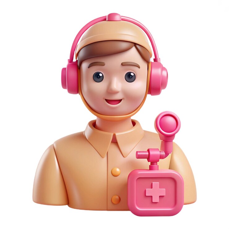 PSD a toy figure with pink headphones and a pink phone in front of it