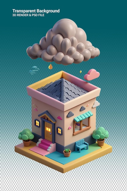 PSD a toy house with a cloud on the top and a little house below it