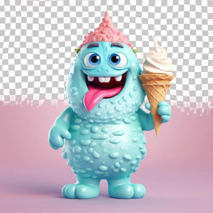 PSD a toy monster smiles while holding a pink ice cream cone