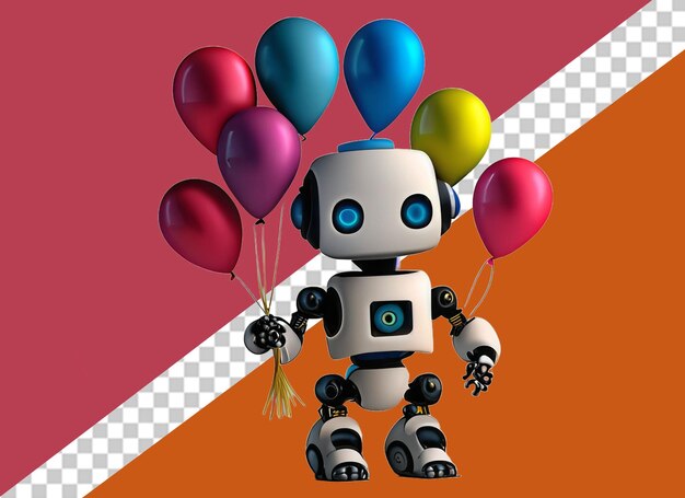 A toy robot holding three balloons in his hand