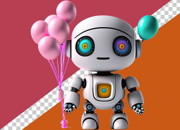 PSD a toy robot holding three balloons in his hand