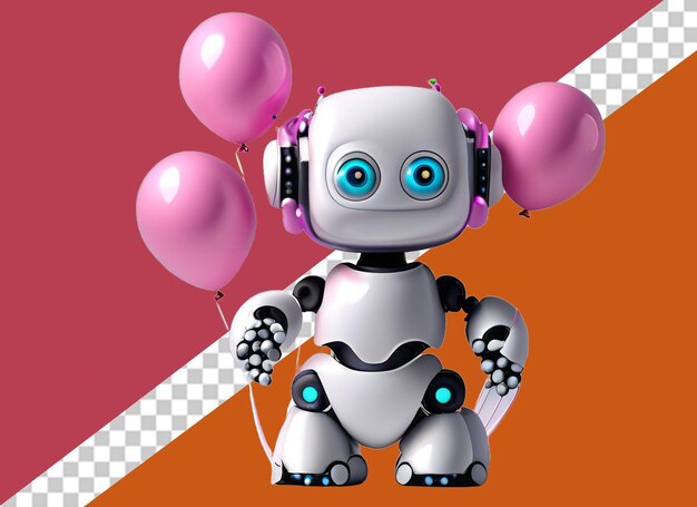 A toy robot holding three balloons in his hand