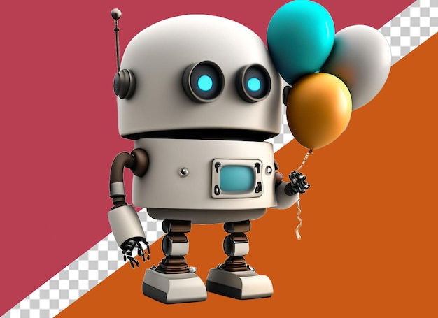 A toy robot holding three balloons in his hand