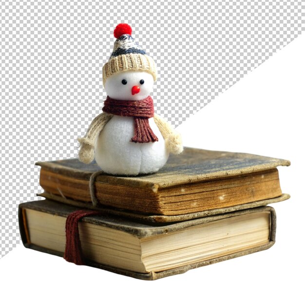 Toy snowman stand on book on transparent background