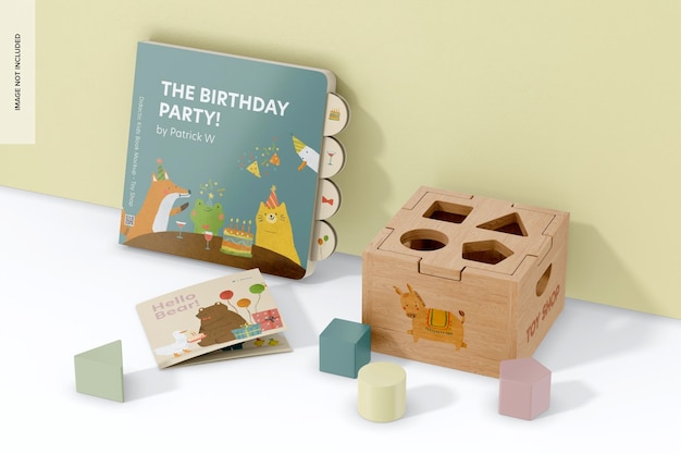 PSD toys kit scene with stationery mockup leaned