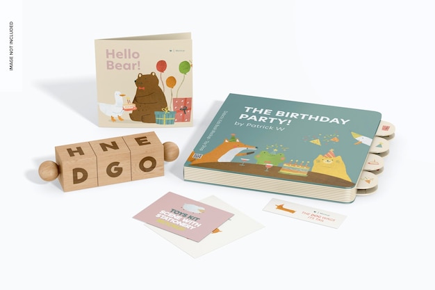 PSD toys kit scene with stationery mockup