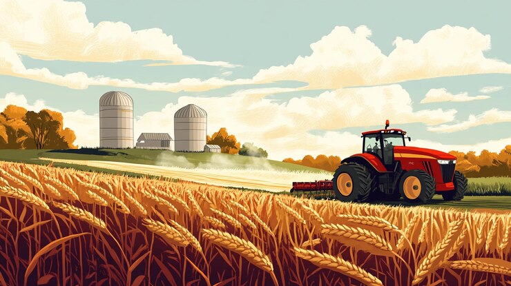 PSD tractor harvesting golden wheat field on farm