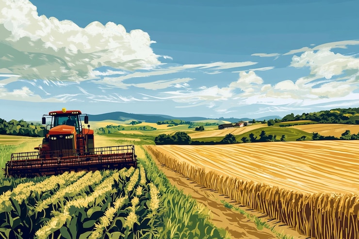 PSD tractor harvesting ripe wheat in a scenic farmland under a bright summer sky
